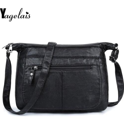 Fashion Lady Messenger Bag Black Soft Washed Leather Shoulder Bag Patchwork Messenger Bag Girl Small Bag