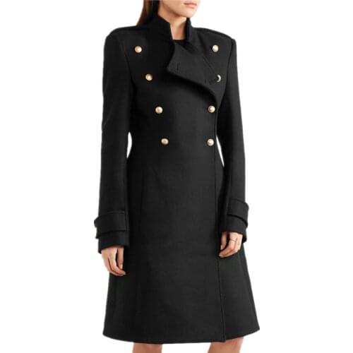 Fashion military style women stand collar wool blends double-breasted slim woolen coat