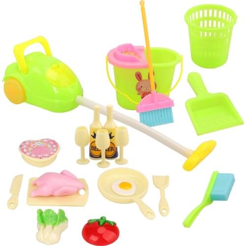 Fashion Handmade 22 Items/lot =7 X Household Cleaning Tools + 15 X Kitchenwares Kitchen Dollhouse Accessories For Barbie Game
