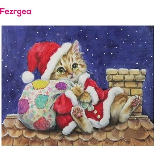 Fezrgea Full Round Drill DIY 5D Diamond Painting Kit Christmas Kitty Diamond Embroidery Mosaic Christmas Decor for Home