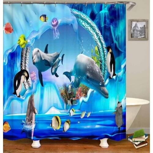 Cute Dolphin Printed Shower Curtain Set Waterproof Blue Ocean Bathing Bathroom Pedestal Rug Lid Carpet Toilet Cover Drop Ship
