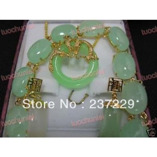 Wholesale price ^^^^Charming Set Jewelry Green stone Daragon pendants Necklace Bracelet earring