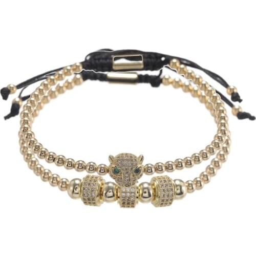 Wholesale 2 Set Micro Pave CZ Stone Leopard Head Charm Bracelet 2pcs/Set Men Braided Bracelets Fashion Rosary Jewelry