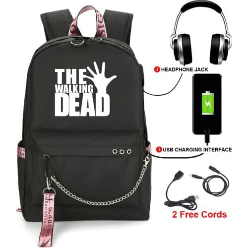 The Walking Dead Printed USB Backpack With Chain Headphone Port School Bags Mochila Travel Laptop Bags