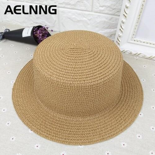 AELNNG Brand Panama Hat Female Casual Simple Summer Beach Hats Outdoor Flat Brim Women Men Sun Protection Straw Hat DP0029