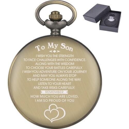 To My Son Personalized United States Veteran Display Bronze Quartz Pocket Watch Retro Fob Chain Pendant Pocket Clock Gifts Male