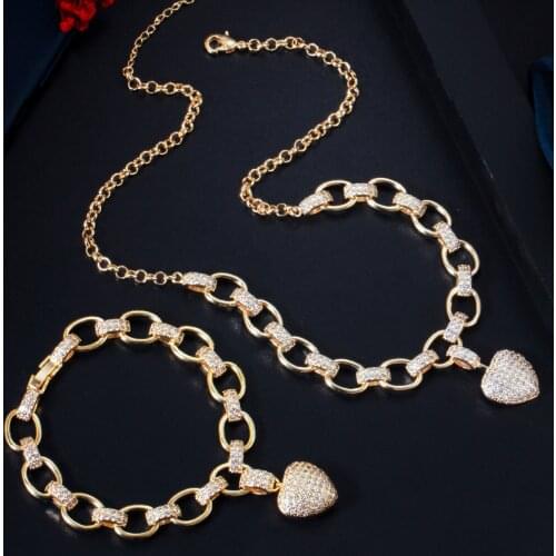 ThreeGraces Luxury Cubic Zirconia Stone Yellow Gold Color Love Heart Pendant Necklace Bracelet Set for Women Party Jewelry TZ639
