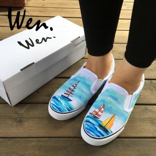 Wen Original Custom Design Sailing Boat Navigation On The Ocean Hand Painted Shoes Unisex White Slip on Canvas Sneakers