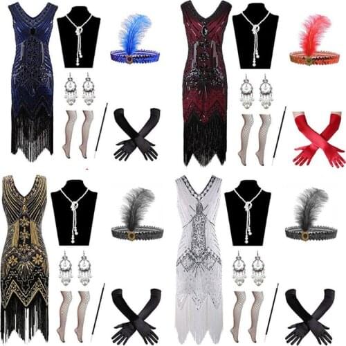 Vintage 20s Gatsby Sequin Fringed Paisley Flapper Dance Dress with Jewelry Accessories Set Sequin Beaded Tassels Dress