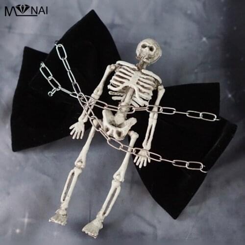 Halloween Cosplay Dark Gothic Bow Hair Clips Cool Chains Handmade Skull Skeleton Hairpins For Women Carnival Party