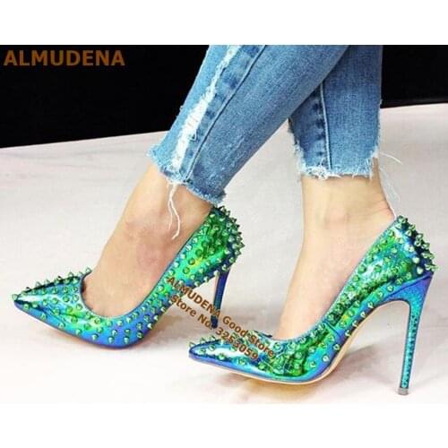 ALMUDENA Green Snakeskin Rivets High Heel Shoes Golded Heels Full Spikes Pointed Toe Dress Pumps 12cm Heel Slip-on Wedding Shoes
