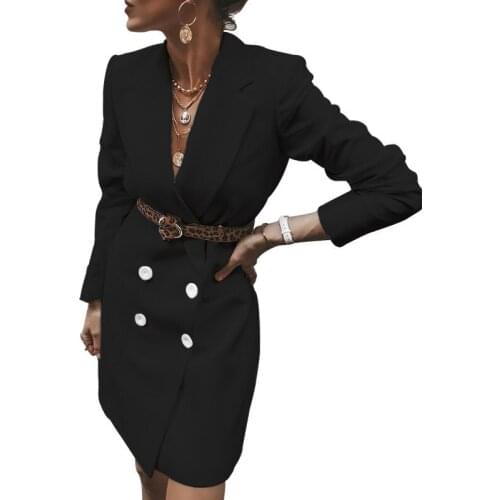 Vogue Solid Slim Women Autumn Winter Ladies V Neck Long Sleeve Button Double Breasted Blazer Causal Office Mini Dress