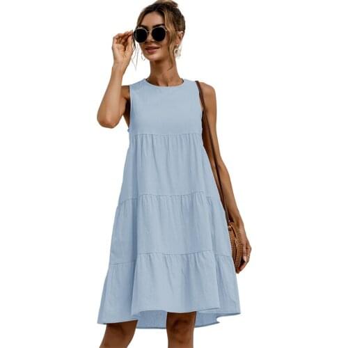 New Cotton Vest O-Neck Sleeveless Solid Midi Night Dress For Women Stitching Large Swing Casual Loose Sundress Vestidos De Mujer