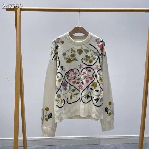 Fyion 2021 Runway Designer Pullover Womens Casual Sweater O-neck Floral Embroidery Pullover Long Sleeve Cashmere Sweater