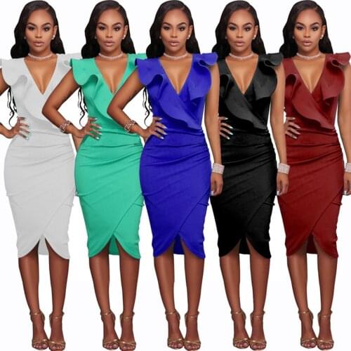 2021 New Womens Sexy Bodycon Midi Dress, Deep V Neck Sleeveless Ruffle Trim Front Slit Bandage Club Dress