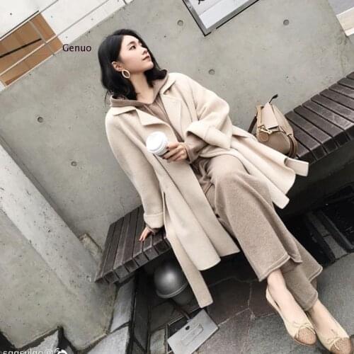 020 New Autumn Winter Women Hepburn Woolen Coat Female Loose Outwear Jakets Lady Mid-Long Elastic Waist Wool Overcoats
