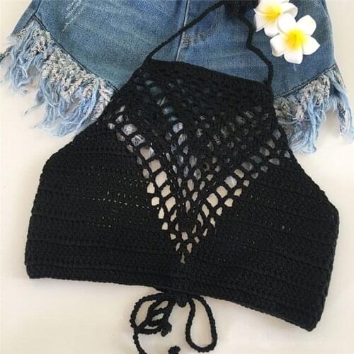 White Halter Vest Strap Crop Tops Bra Beach Bikini Women Summer Short Vest Sexy Hollow Out Crochet Bikini Tank Tops Shirt Plain