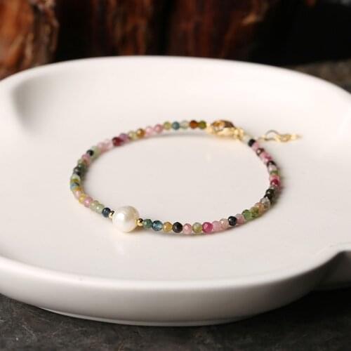 Faceted Colorful Natural Tourmaline Beaded Bracelets Women Natural Pearl Amethyst Strawberry Quartz Gemstones Party Beach Jewelr