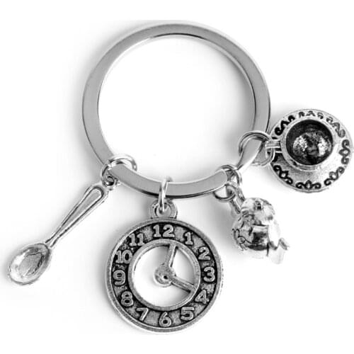 MQCHUN Movie Jewelry Alice in Wonderland Keychain Retro Teapot Teacup Spoon Clock Charm Pendant Keyring Men Women KeyRing -50
