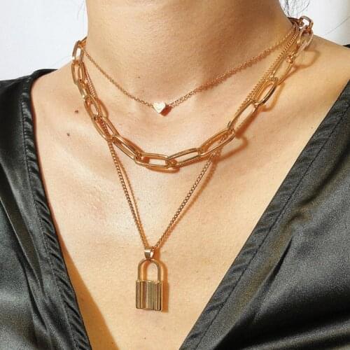 ZOSHI Multi Layers Lover Lock Pendant Choker Necklace for Women Statement Necklace Padlock Heart Necklace Summer Chains Jewelry