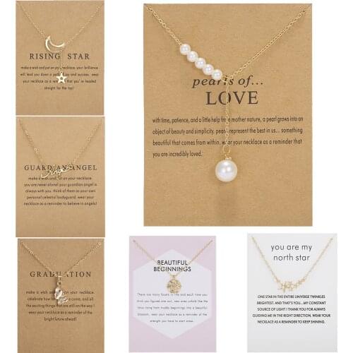Gold Color Chain Moon Star Butterfly Flower Pearl Necklace Pendant For Women Choker Wish Card Party Wedding Friendship Jewelry