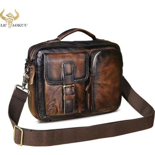 Genuine Real Leather Design Male Coffee Shoulder messenger bag fashion Cross-body Bag 9" Travel Tote Mochila Satchel bag 036