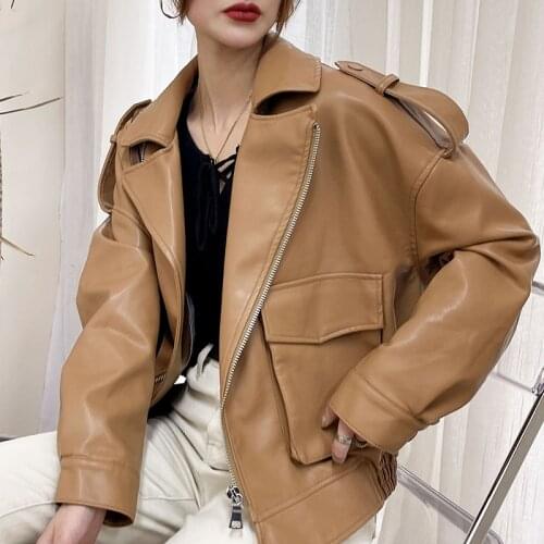 Autumn Winter New Women Loose Soft Faux Leather Jacket Moto Bike Coat With Belt Streetwear Female Brown Pu Leather Jackets