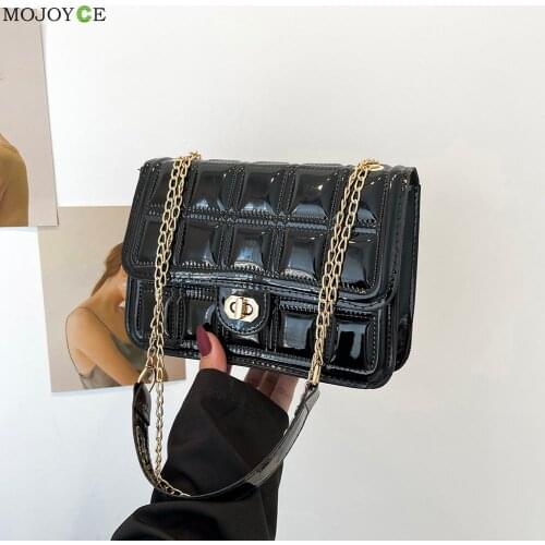 Fashion Women Checker Pattern Chain Patent PU Leather Shoulder Crossbody Messenger Bag Casual Ladies Small Purse Handbags