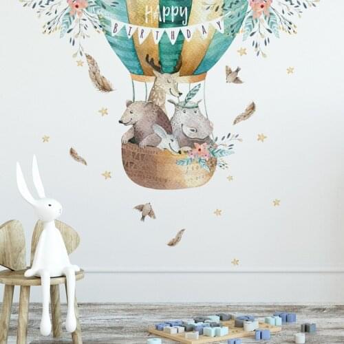 Happy Birthday Cartoon Hot-Air Ballon Animal Wall Stickers for Childrens Room Kindergarten Birthday Party Baby Gift Room Decor