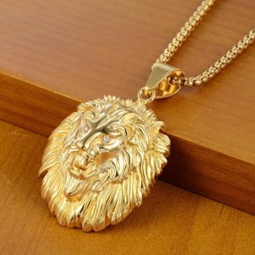 New Fashion Animal Rhinestone Crown Lion Head Hanging Necklace Luminous Necklace Mengold-Plated Punk Party Pendant Necklace