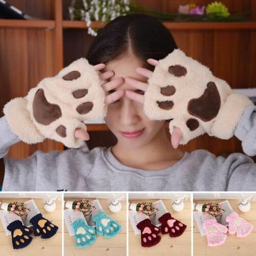 Q Warmth Fingerless Plush Gloves Fluffy Bearr Claw Cat Animal Paw Soft Warm Lovely Cartoon Cute Women Half Finger Covered Gloves