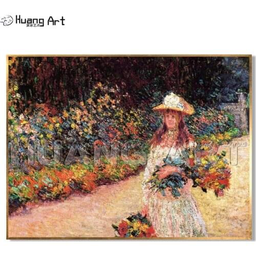 Reproduction Cloud Monet Oil Painting on Canvas Hand-painted Girl Picking Flowers Landscape for Living Room Wall Decoration