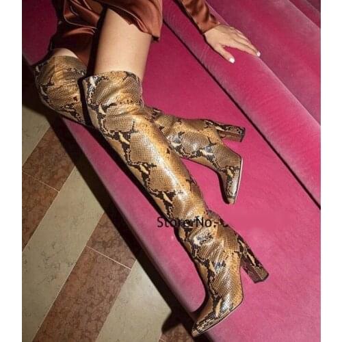Luxury Python Leather Thigh High Boots Pointed Toe Brown Snakeskin Women Square Heels Over The Knee Boots Fall Winter Boots