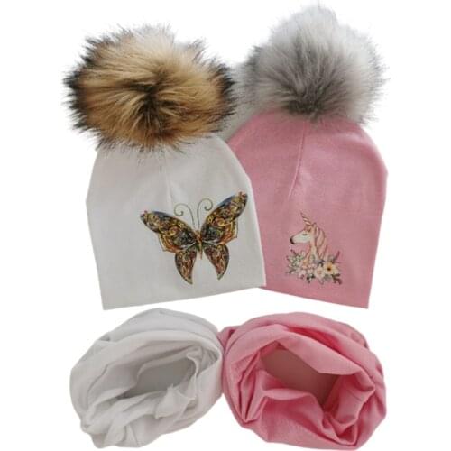 Baby Hats set for Girls butterfly unicorn Print Hat Baby Boy Hat kintted Cotton Children Scarf Collar bibs Caps Kids Beanie Hats