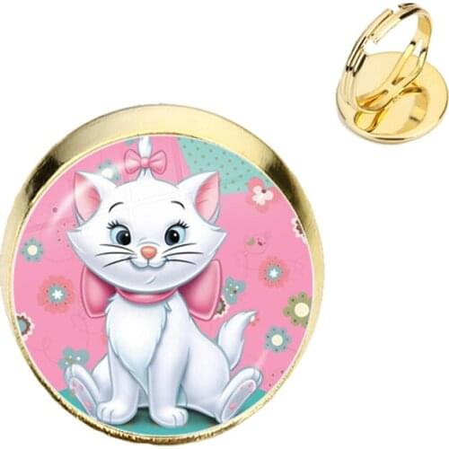 Anime Cartoon Cat Glass Cabochon Rings The Aristocats Cute Kids Jewelry Marie Cat Fashion Ring For Women Girls Kids Gift