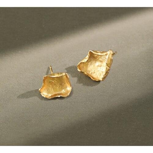 Real 925 Sterling Silver Womens Earrings Girls Gift Ear Accessories, Gold Color Asymmetrical Fold Stud Earrings Jewelry
