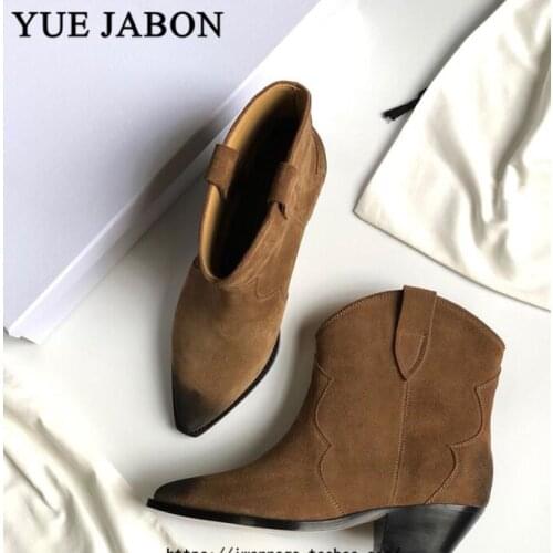 Size 35-43 Ankle Winter Boots Women Shoes Autumn Winter Pointed Toe Slip on Leather Boots Ladies Shoes Chunky High Heel Boots