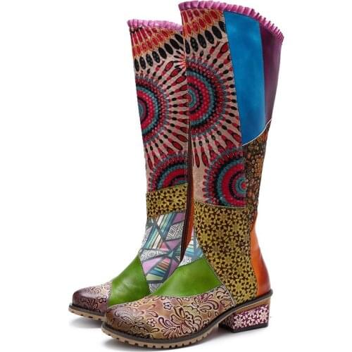 Genuine Leather Printing Women Boots Vintage Bohemian Ankle Boots Women Shoes Zipper Low 4CM Square Heel Ladies Shoes Woman