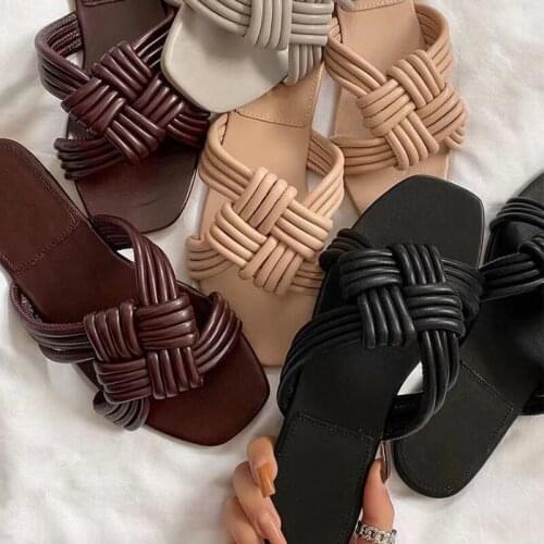 2021 Womens Woven Slippers Plus Size Female Square Toe Solid Slides Womens Casual Shoes Ladies Outdoor Summer Beach Flat
