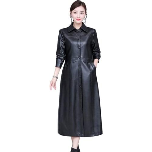 Fashion the second layer sheepskin jackets women spring autumn solid color X-long leather trench coat female plus size 5XL 3322