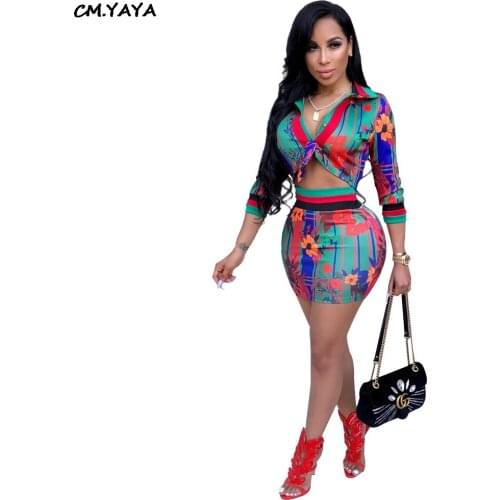 Womens tracksuit sexy wrist sleeve floral stripes print tie up blouses skinny mini midi skirts 2 piece sets suits outfits 9064