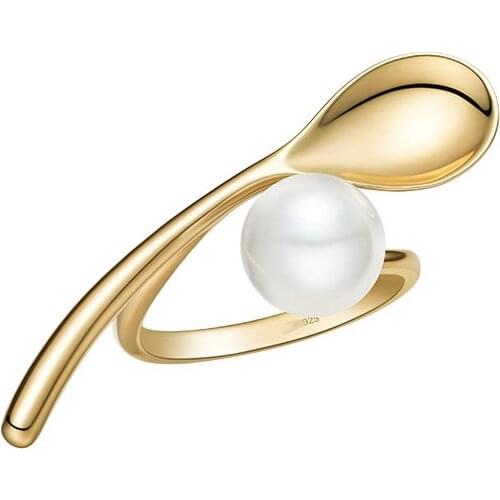 SLJELY Real S925 Sterling Silver Yellow Gold Color Mini Spoon Pearl Open Ring Adjustable Size Women Fashion Brand Design Jewelry