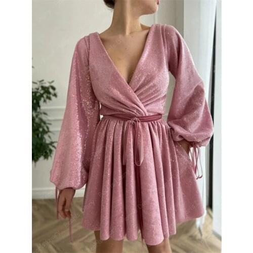 Dubai Short Formal Party Dresses Robe De Soiree African 2021 Turkish Sequins Puffy Sleeve Prom Dress Women Evening Gown Arabic