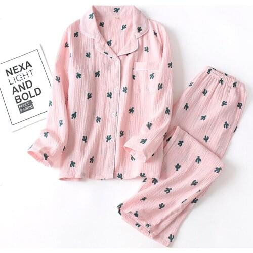 2021 Cactus Printed Pajamas Women Long Sleeve Spring Summer 100% Cotton Home Clothes for Lady Pijamas 2pcs Loungewear Loose