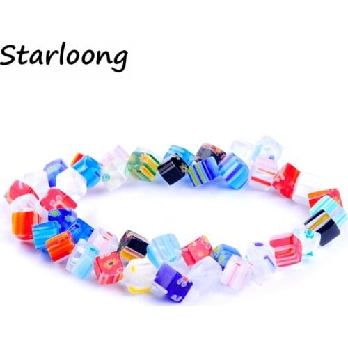 43pcs/string color mixed 6mm square shape flower pattern glazed glass lampwork beads for bracelet necklace DIY jewelry making