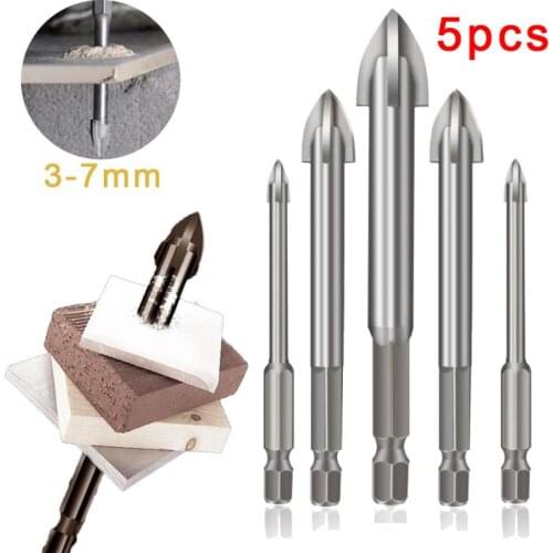 5pcs/set 3/4/5/6/7mm Carbide Alloy Universal Drill Bits For Tile Concrete Brick Glass Plastic Wood Drill Bits Tools YG6X Alloy