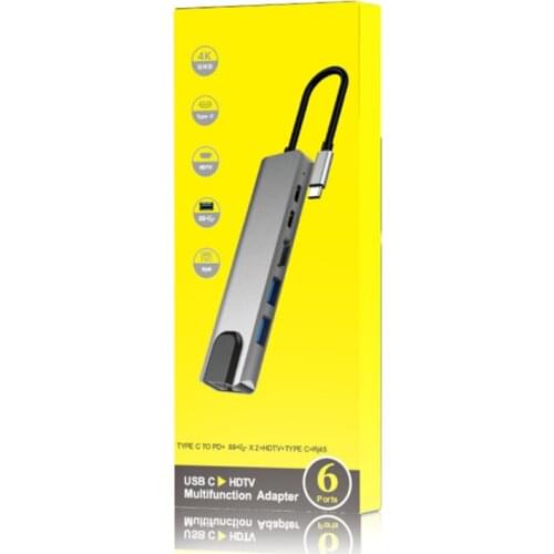 6 in 1 USB C to HDMI-compatible Rj45 Lan USB 3.0 HUB Adapter 87W PD Charger for MacBook Pro Type C Splitter USB C HUB