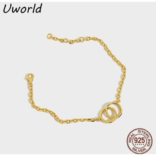 Korean 18K gold Plated Silver Bracelet personality geometric double circle ring chain S925 sterling silver bracelet for women