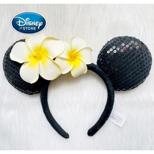 Disney Hawaii Frangipani Headbands Mickey Ears Fashion Black Sequin Plush Bow Headwear Cartoon Headdress Cosplay Kids Gift