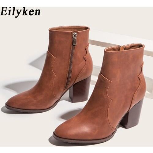 EilyKen High Quality Ankle Boots Sexy New Pointed Toe Zipper Female Thick High Heels Chelsea Female Boots Shoes Big Size 36-43